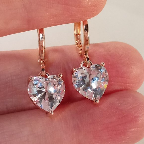 Rose Gold Filled Heart Diamond Zircon Dangle Earrings 10mm Women's Party Gift - Picture 1 of 5